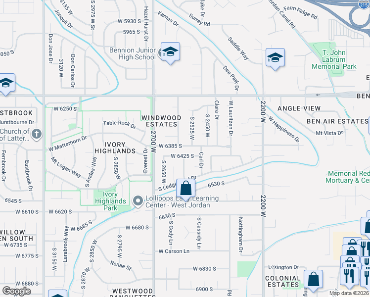 map of restaurants, bars, coffee shops, grocery stores, and more near 2571 West 6385 South in West Jordan