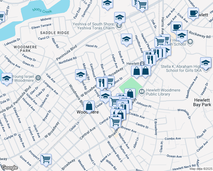 map of restaurants, bars, coffee shops, grocery stores, and more near 224 Franklin Place in Woodmere