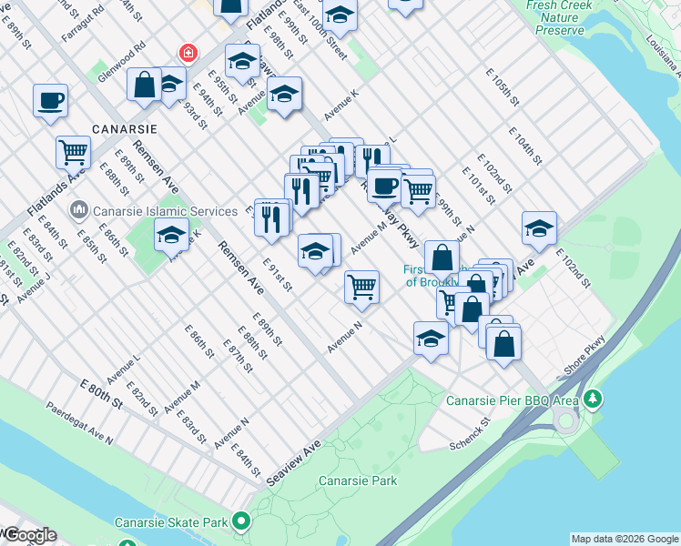 map of restaurants, bars, coffee shops, grocery stores, and more near 9308 Avenue M in Brooklyn