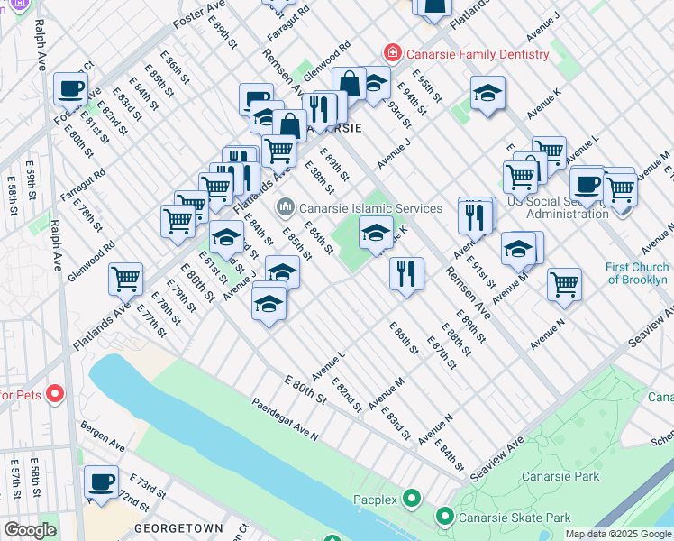 map of restaurants, bars, coffee shops, grocery stores, and more near 1086 East 86th Street in Brooklyn