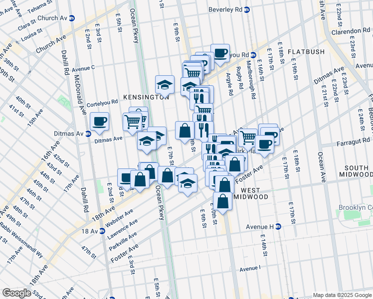 map of restaurants, bars, coffee shops, grocery stores, and more near 562 East 9th Street in Brooklyn