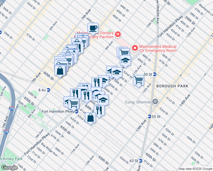 map of restaurants, bars, coffee shops, grocery stores, and more near 5521 Fort Hamilton Parkway in Brooklyn