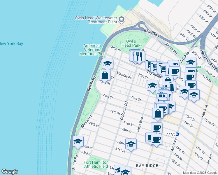 map of restaurants, bars, coffee shops, grocery stores, and more near 7216 Narrows Avenue in Brooklyn