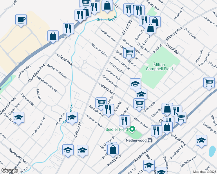 map of restaurants, bars, coffee shops, grocery stores, and more near 1211 East 2nd Street in Plainfield