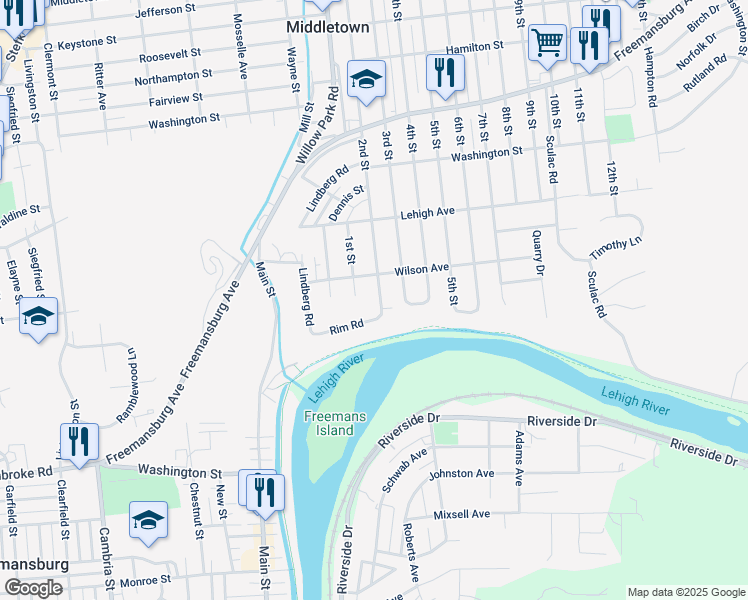 map of restaurants, bars, coffee shops, grocery stores, and more near 1451 2nd Street in Bethlehem