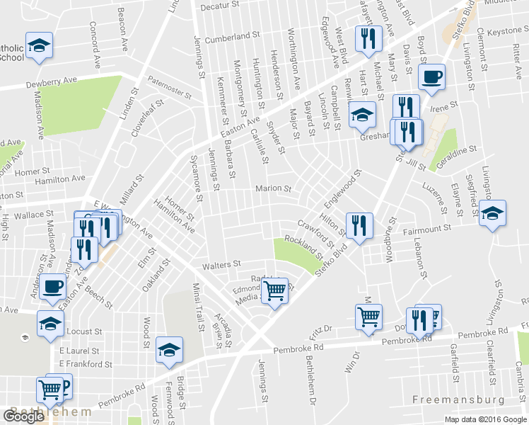 map of restaurants, bars, coffee shops, grocery stores, and more near 1698 Monterey Street in Bethlehem