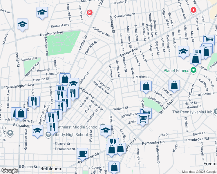 map of restaurants, bars, coffee shops, grocery stores, and more near 1705 Sycamore Street in Bethlehem