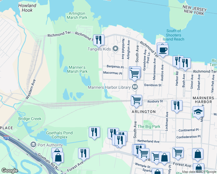 map of restaurants, bars, coffee shops, grocery stores, and more near 52B Alexander Way in Staten Island