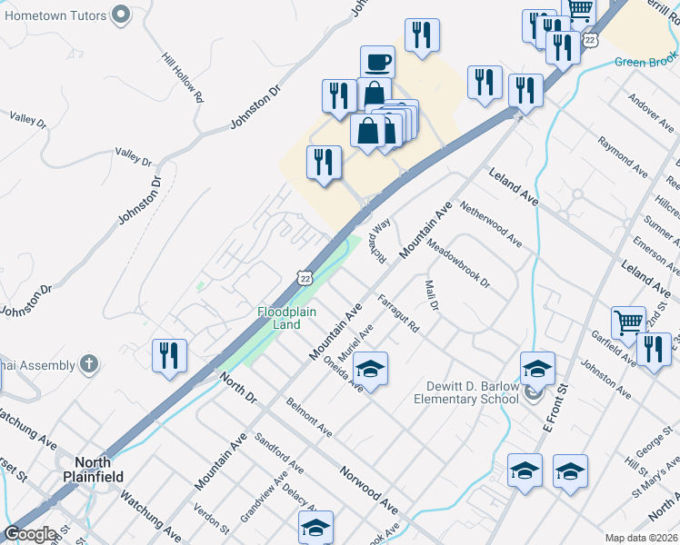 map of restaurants, bars, coffee shops, grocery stores, and more near 263 Farragut Road in North Plainfield
