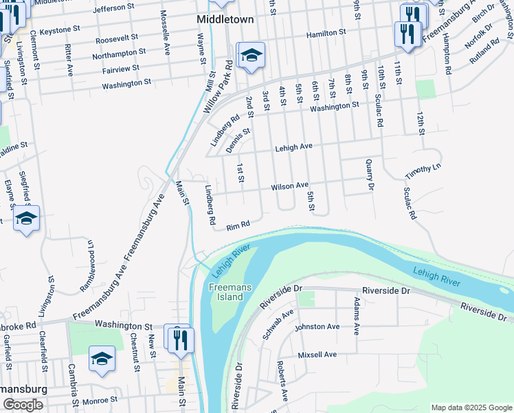 map of restaurants, bars, coffee shops, grocery stores, and more near 1451 2nd Street in Bethlehem