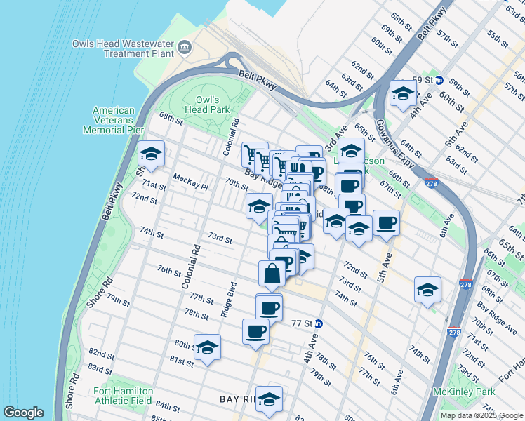map of restaurants, bars, coffee shops, grocery stores, and more near 189 71st Street in Brooklyn