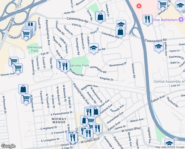 map of restaurants, bars, coffee shops, grocery stores, and more near 2150 Pinehurst Rd in Bethlehem