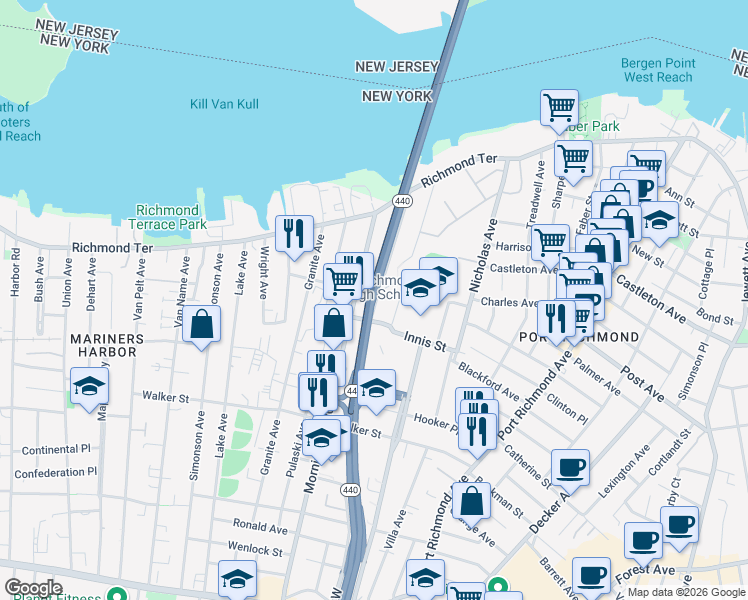 map of restaurants, bars, coffee shops, grocery stores, and more near 155 Eaton Place in Staten Island
