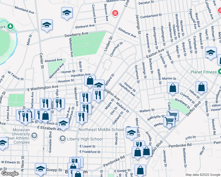 map of restaurants, bars, coffee shops, grocery stores, and more near 1605 Easton Avenue in Bethlehem