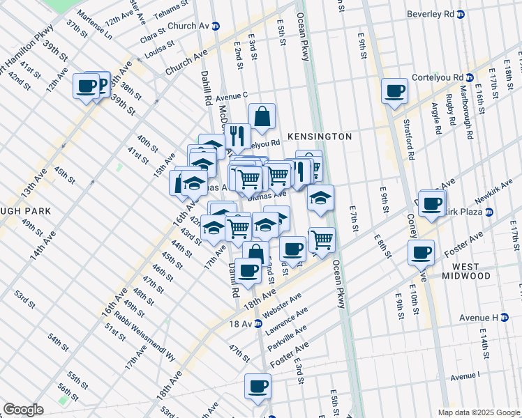 map of restaurants, bars, coffee shops, grocery stores, and more near 650 East 2nd Street in Brooklyn