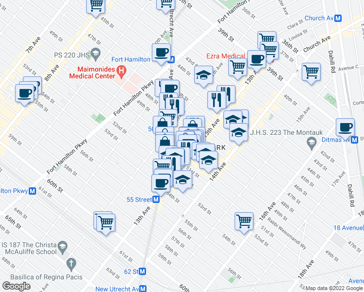 map of restaurants, bars, coffee shops, grocery stores, and more near 1255 50th Street in Brooklyn