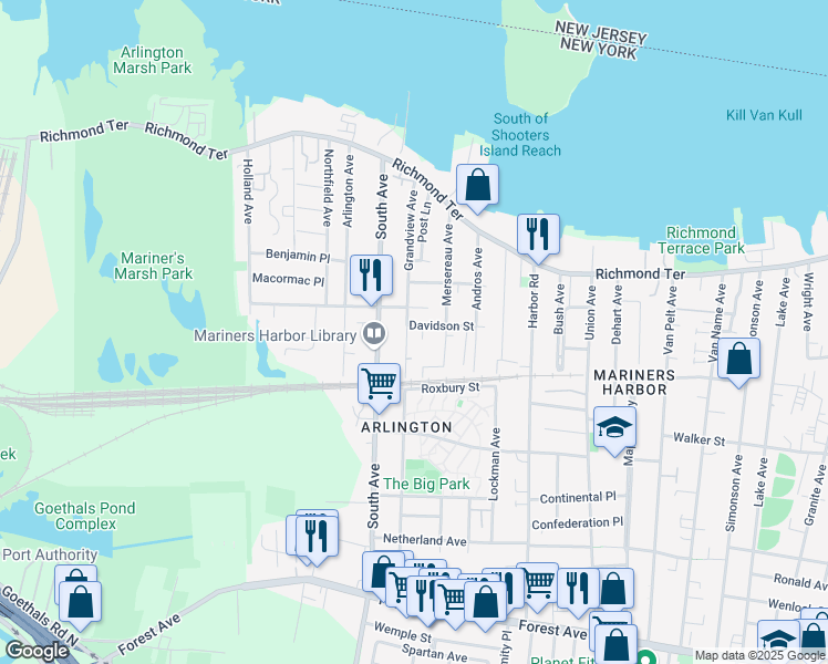 map of restaurants, bars, coffee shops, grocery stores, and more near 195 Grandview Avenue in Staten Island