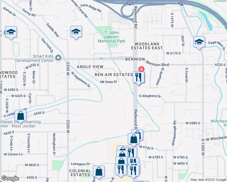 map of restaurants, bars, coffee shops, grocery stores, and more near 1873 Faust Way in West Jordan