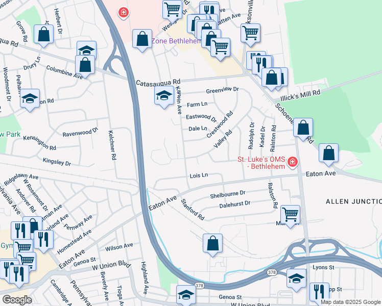map of restaurants, bars, coffee shops, grocery stores, and more near 1590 Valley Road in Bethlehem