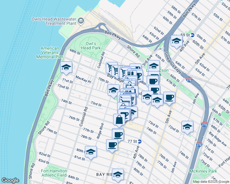 map of restaurants, bars, coffee shops, grocery stores, and more near 7001 Ridge Boulevard in Brooklyn