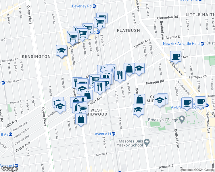 map of restaurants, bars, coffee shops, grocery stores, and more near 616 East 16th Street in Brooklyn