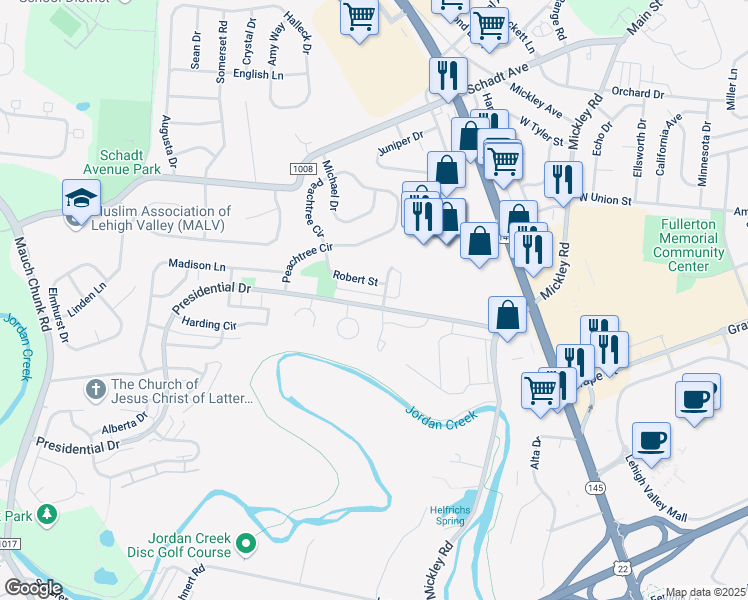 map of restaurants, bars, coffee shops, grocery stores, and more near 1399 Presidential Drive in Fullerton