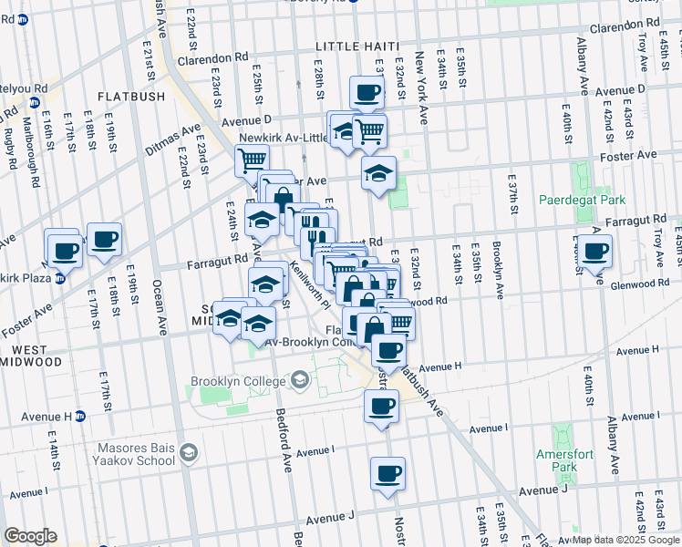 map of restaurants, bars, coffee shops, grocery stores, and more near 1466 Flatbush Avenue in Brooklyn