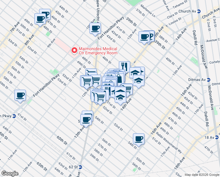 map of restaurants, bars, coffee shops, grocery stores, and more near 1274 49th Street in Brooklyn