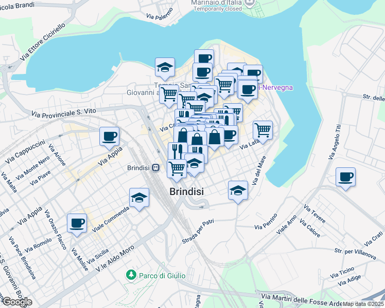 map of restaurants, bars, coffee shops, grocery stores, and more near 28 Piazza Cairoli in Brindisi
