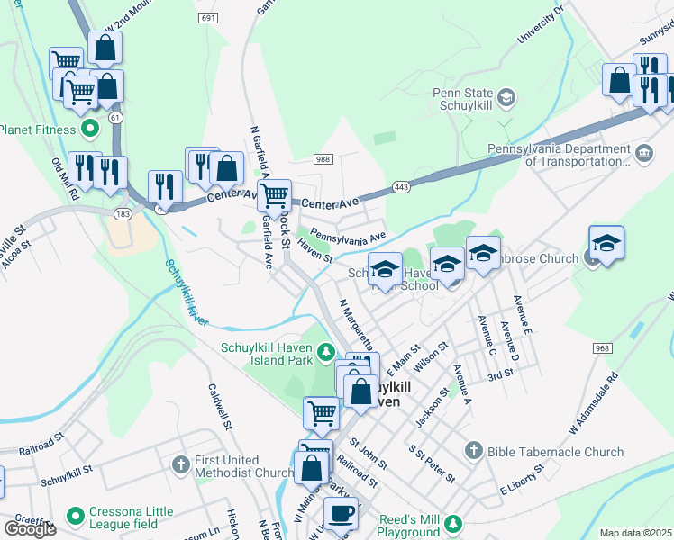 map of restaurants, bars, coffee shops, grocery stores, and more near 259 Haven Street in Schuylkill Haven