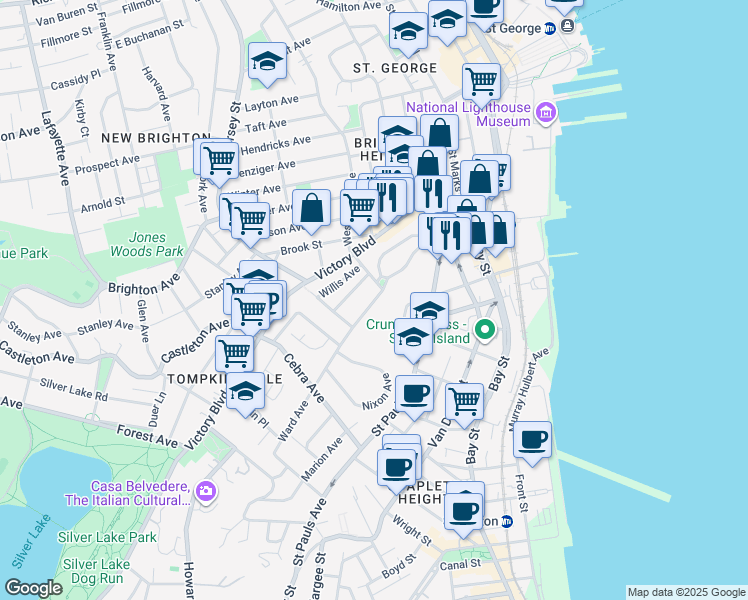 map of restaurants, bars, coffee shops, grocery stores, and more near 11 Ward Avenue in Staten Island