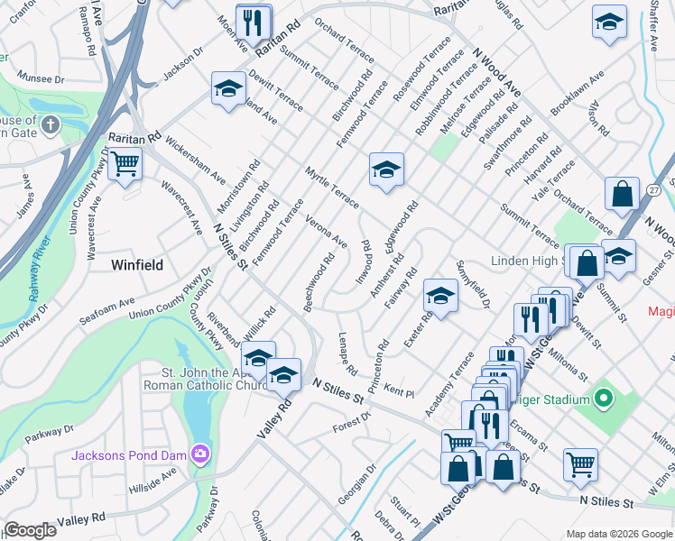 map of restaurants, bars, coffee shops, grocery stores, and more near 1919 Verona Avenue in Linden