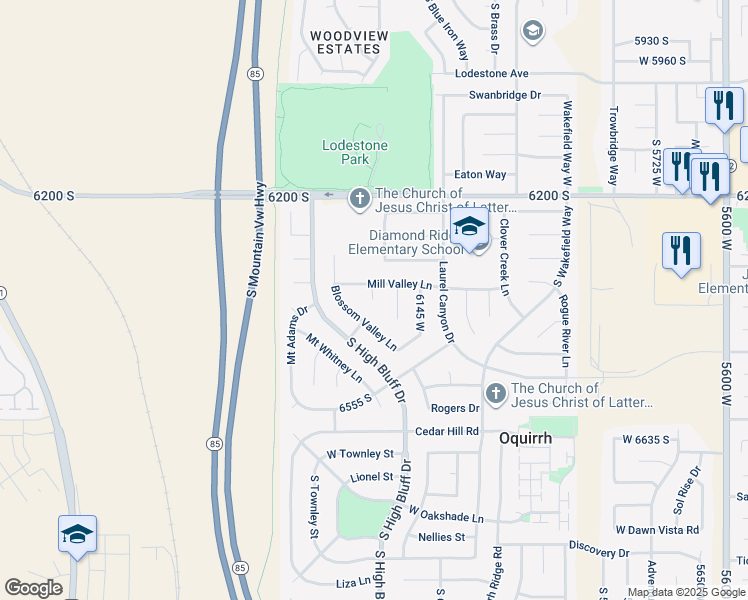 map of restaurants, bars, coffee shops, grocery stores, and more near 6223 Mill Valley Court in Salt Lake City