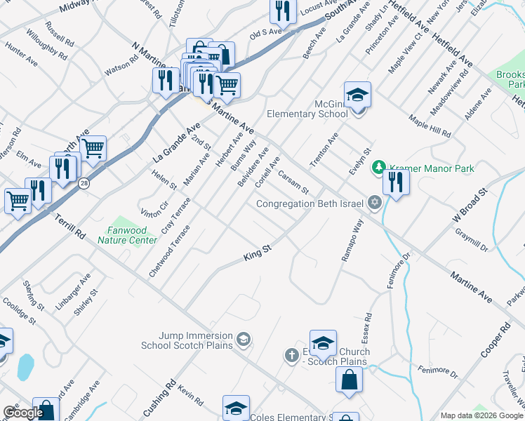 map of restaurants, bars, coffee shops, grocery stores, and more near 220 2nd Street in Fanwood