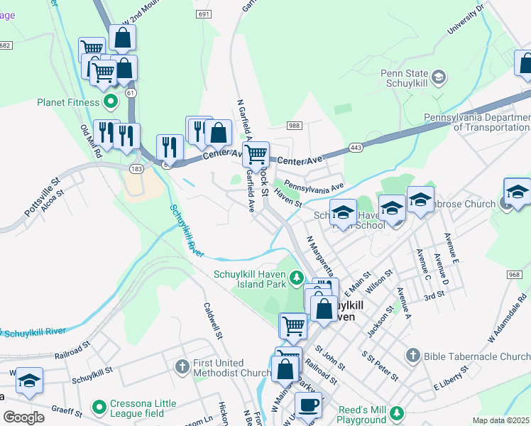 map of restaurants, bars, coffee shops, grocery stores, and more near 331 Dock Street in Schuylkill Haven