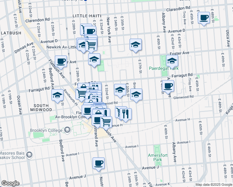 map of restaurants, bars, coffee shops, grocery stores, and more near 871 East 34th Street in Brooklyn