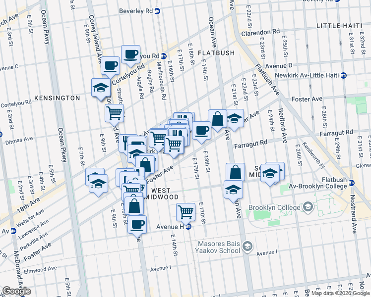 map of restaurants, bars, coffee shops, grocery stores, and more near 615 East 16th Street in Brooklyn