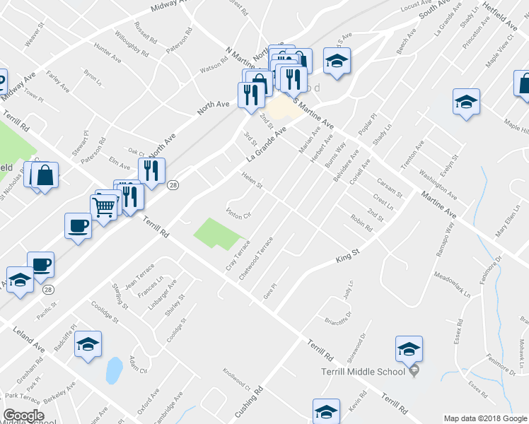 map of restaurants, bars, coffee shops, grocery stores, and more near 101 Cray Terrace in Fanwood
