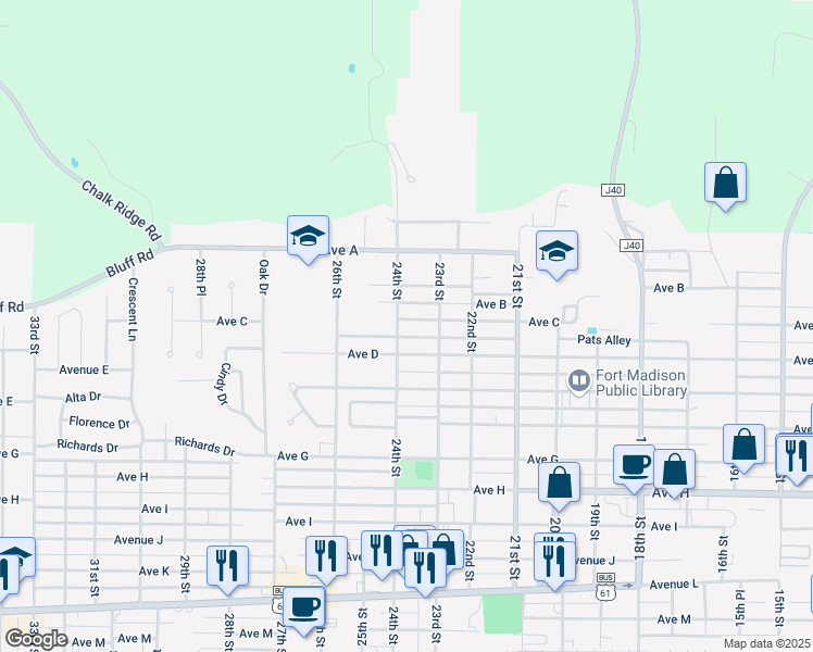 map of restaurants, bars, coffee shops, grocery stores, and more near 2334 Avenue C in Fort Madison