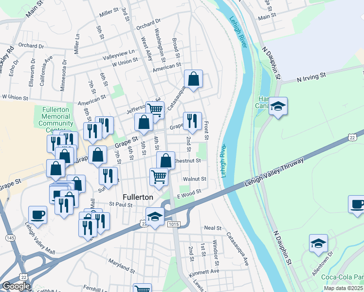 map of restaurants, bars, coffee shops, grocery stores, and more near 216 Quarry Street in Fullerton