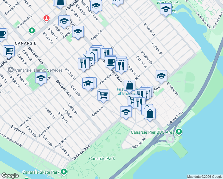 map of restaurants, bars, coffee shops, grocery stores, and more near 1554 East 96th Street in Brooklyn