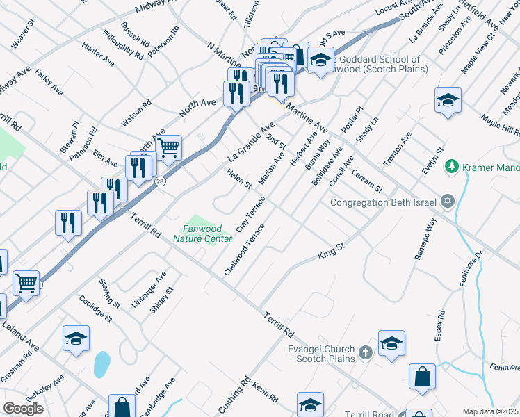 map of restaurants, bars, coffee shops, grocery stores, and more near 101 Cray Terrace in Fanwood