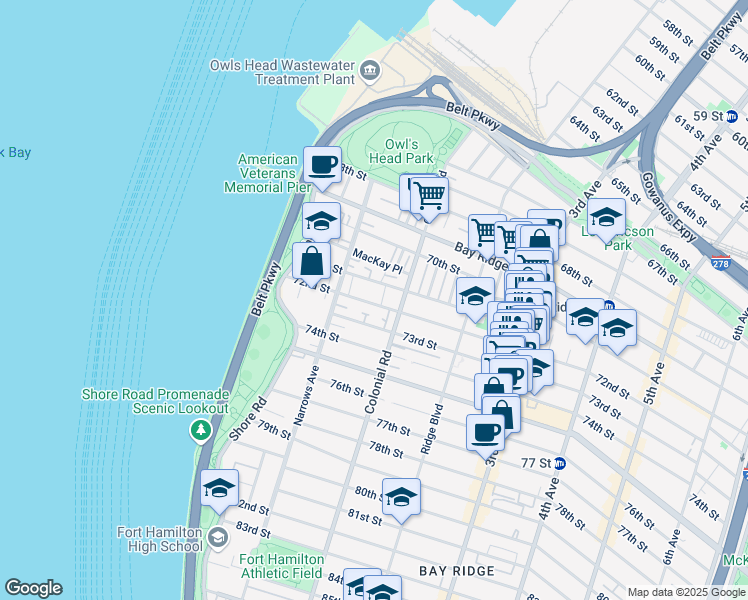 map of restaurants, bars, coffee shops, grocery stores, and more near 99 72nd Street in Brooklyn