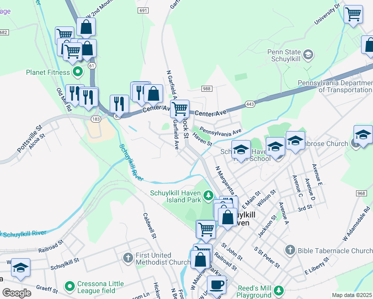map of restaurants, bars, coffee shops, grocery stores, and more near 331 Dock Street in Schuylkill Haven