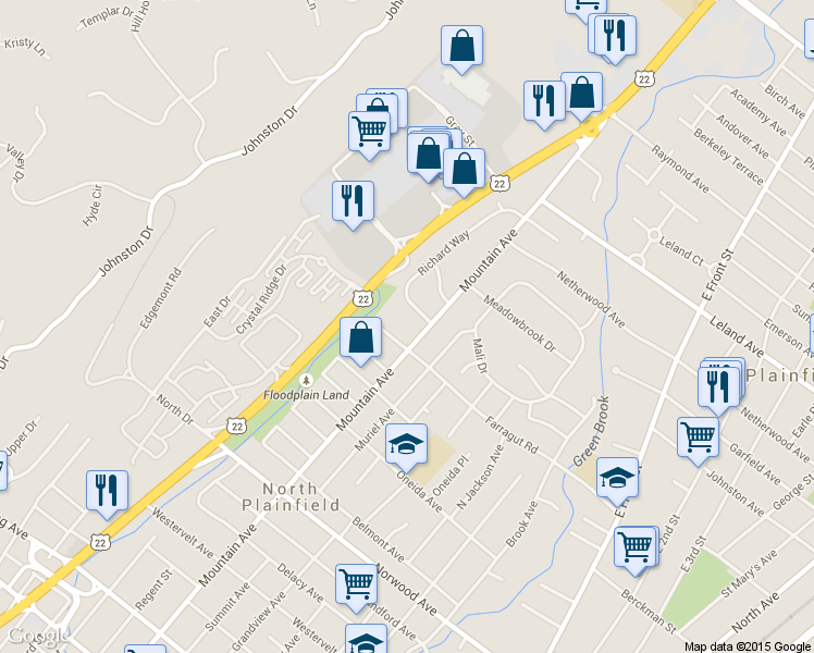 map of restaurants, bars, coffee shops, grocery stores, and more near 345 Mountain Avenue in North Plainfield