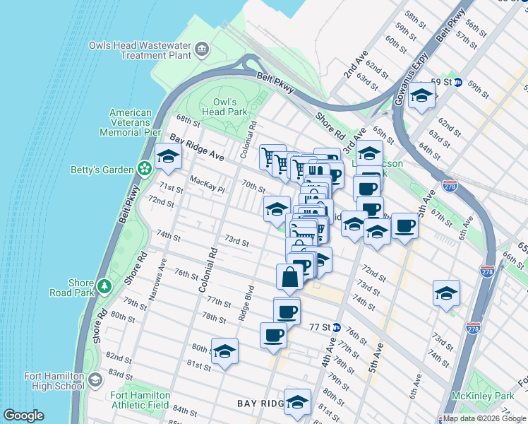 map of restaurants, bars, coffee shops, grocery stores, and more near 7031 Perry Terrace in Brooklyn