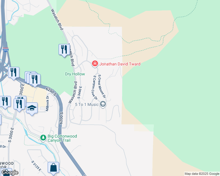 map of restaurants, bars, coffee shops, grocery stores, and more near 6393 East Crest Mount Circle in Holladay