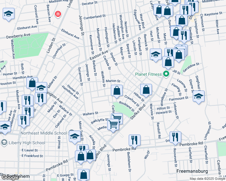 map of restaurants, bars, coffee shops, grocery stores, and more near 1616 Carlisle Street in Bethlehem
