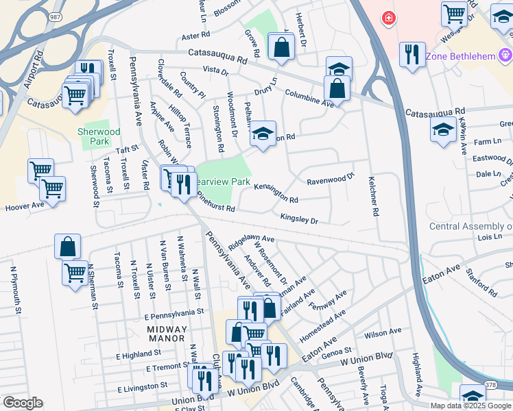 map of restaurants, bars, coffee shops, grocery stores, and more near 2158 Pinehurst Road in Bethlehem