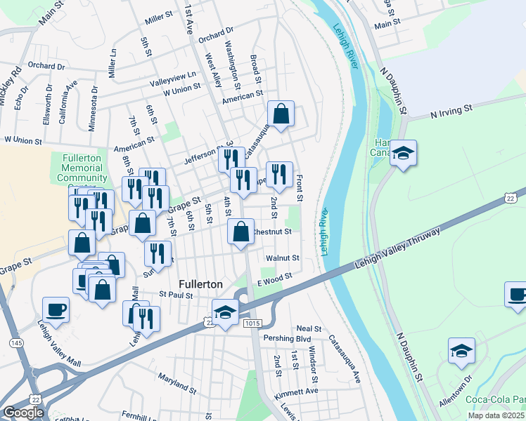 map of restaurants, bars, coffee shops, grocery stores, and more near 216 Quarry Street in Fullerton